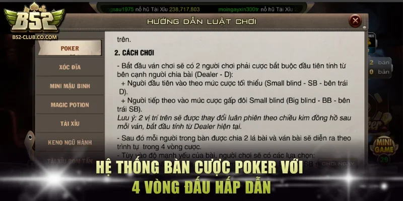 Hệ thống bàn cược Poker với 4 vòng đấu hấp dẫn